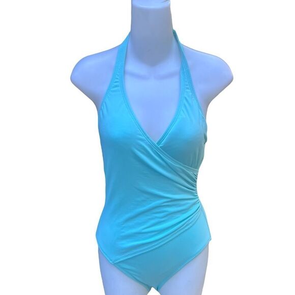 ANNE COLE SHIRRED FRONT HALTER ONE PIECE SWIMSUIT MINT SIZE - Picture 3 of 9